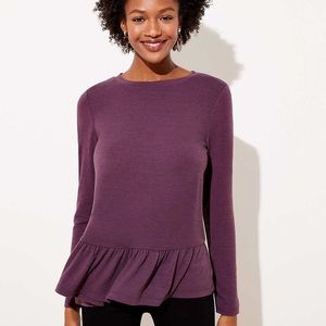 LOFT Plum Textured Long Sleeve Peplum Top